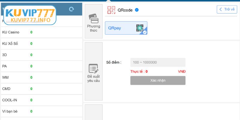 Hướng dẫn quy trình nạp tiền KUVIP777 qua QR Code