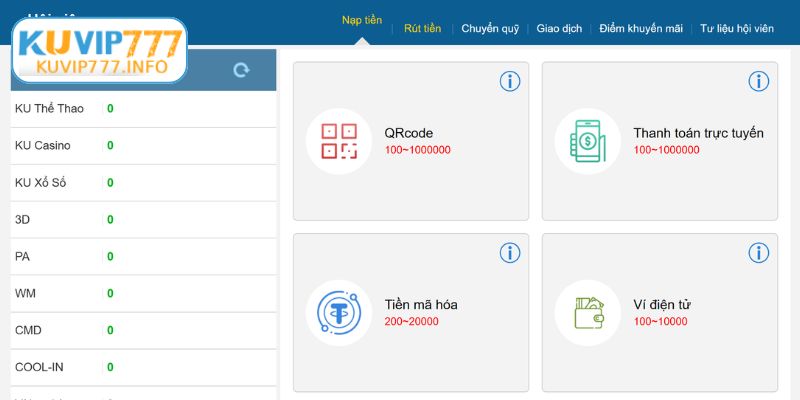 Thủ tục cơ bản để nạp tiền KUVIP777